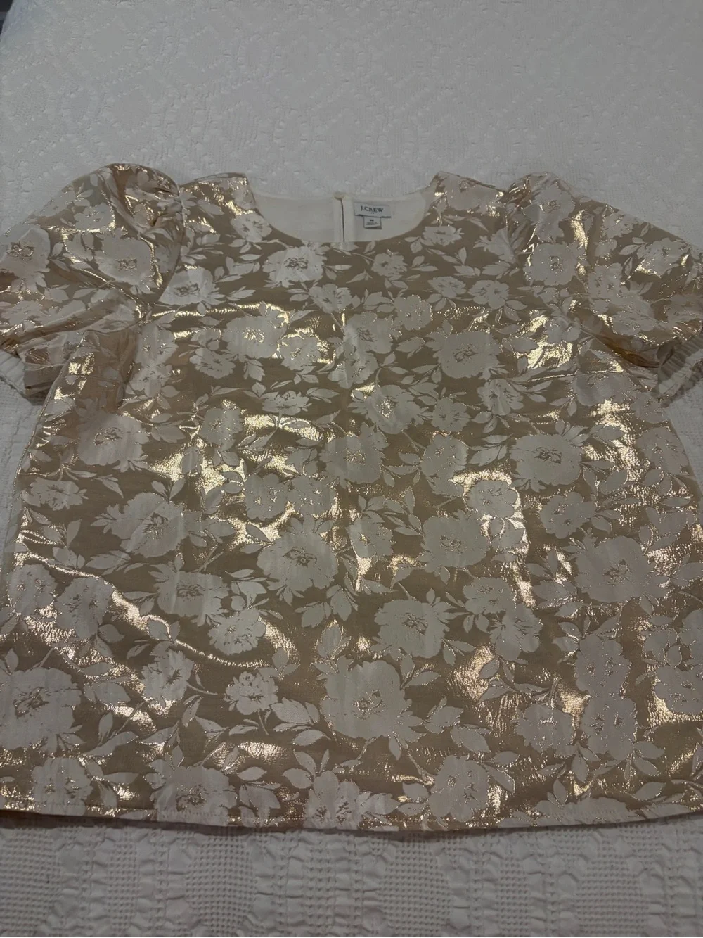 J. Crew Rose Gold Floral Metallic Jacquard Short Puff Sleeve Blouse